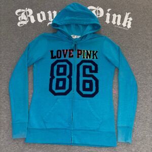 Victoria’s Secret PINK Blue Rainbow Felt Velvet Logo Full Zip Hoodie Y2K 2000s